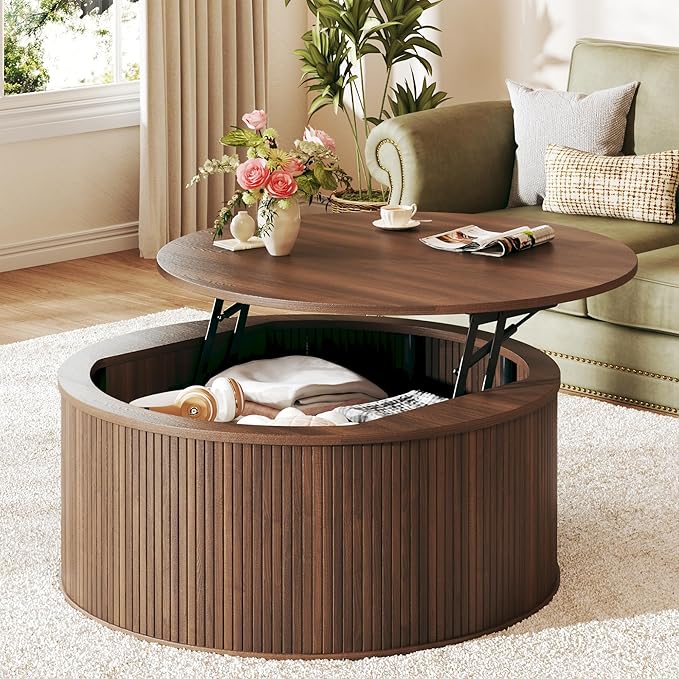 Round Coffee Table with Storage, 31.5" Lift Top Coffee Table, Mid Century Modern Coffee Tables for Living Room, Apartment Office, Fluted Table with Rustic Wood Desktop, Walnut