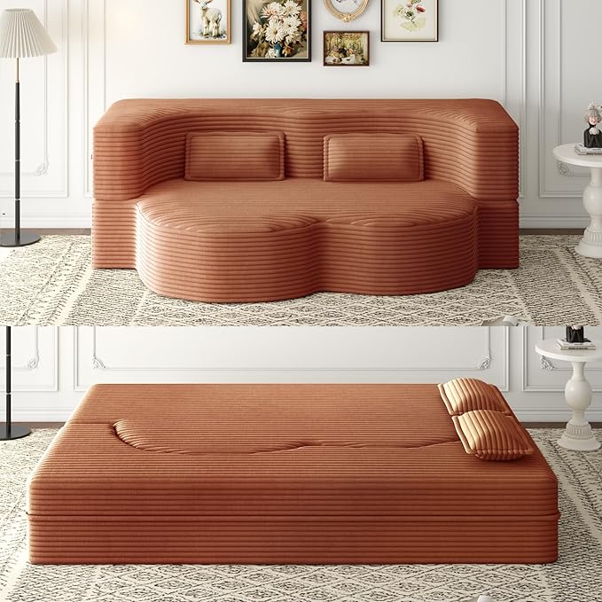 KEIKI Floor Sofa Bed with 2 Pillows, Convertible Corduroy Couch, 15" Foam Folding Mattress Sleeper Floor Sofa for Adults, Lounge Bed, Orange