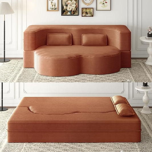 KEIKI Floor Sofa Bed with 2 Pillows, Convertible Corduroy Couch, 15" Foam Folding Mattress Sleeper Floor Sofa for Adults, Lounge Bed, Orange