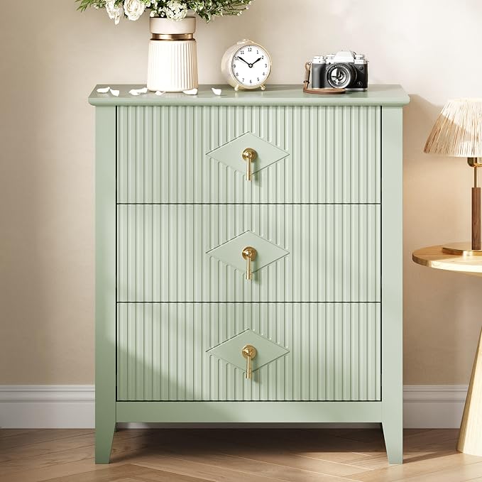 GarveeHome Fluted Dresser for Bedroom, 27.5" Wide 3-Drawer Wood Dresser, Modern Chest of Drawers, Storage Organizer Cabinet for Living Room, Hallway, Entryway, Green by GarveeHome