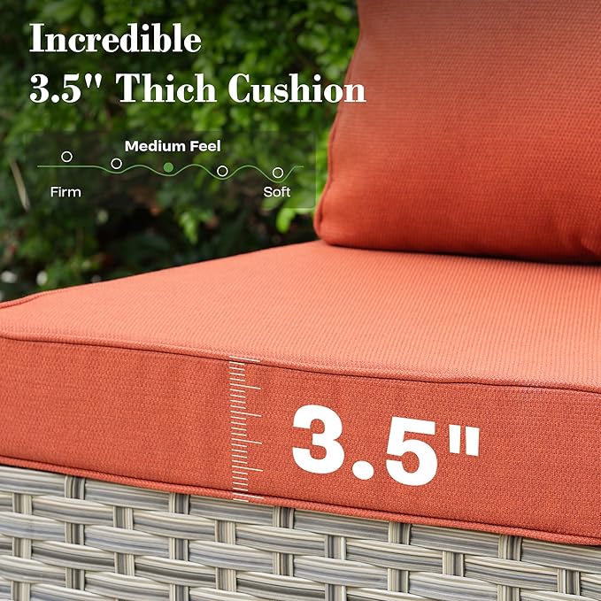 5 Piece Outdoor Patio Furniture with Glowing Coffee Table, Rattan Wicker Conversation Set with Sofa, Sectional Single Chairs for Outside Porch Balcony Backyard Pool,Orange