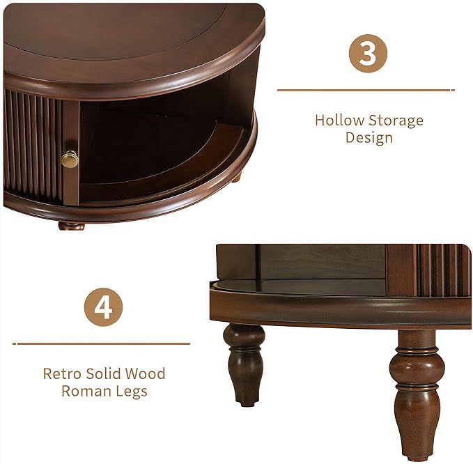 LKTART Nesting Coffee Table for Living Room,Round Tempered Glass Solid Wood Nest Coffee Tables with Storage,Retro Small Accent Center Table for Small Space Apartment (31.5''D×18''H-Dark Brown)