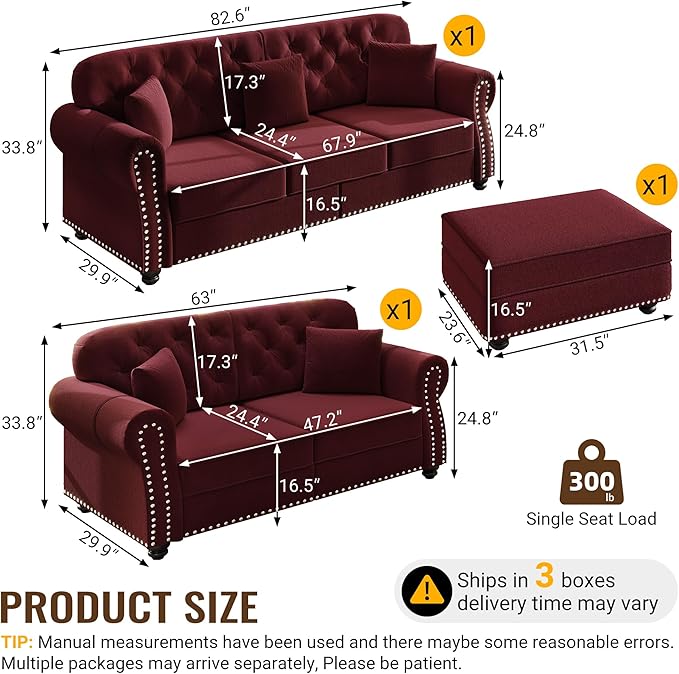 KEIKI 2-Piece Chesterfield Sofa Set with 1 Velvet 3-Seater Sofa & 1 Loveseat Sofa, Upholstered 5-Seater Couch Set with Nailhead Trim & Rolled Arms & 1 Ottoman & 5 Pillow, for Living Room, Burgundy