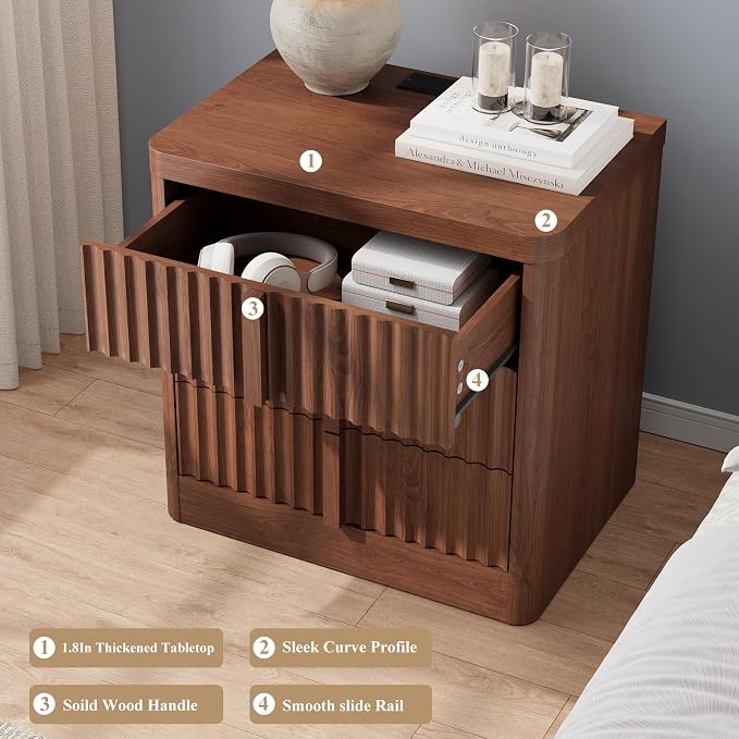 23.6" Nightstand with Charging Station, Bedside Table with 3 Storage Drawers, Mid Century Modern Night Stand with Solid Wood Handle, End Table for Bedroom, Living Room, Walnut - Image 5