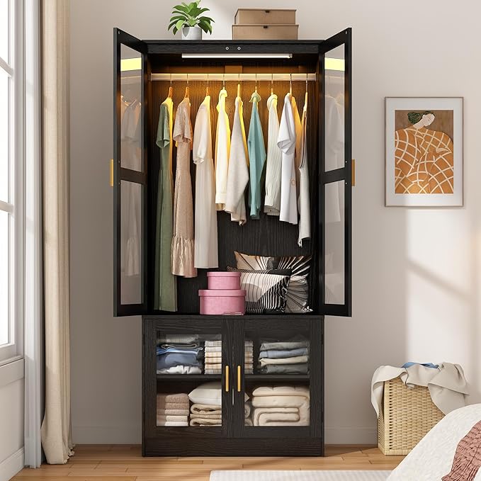 chartustriable 2 Doors Armoire Wardrobe Closet with LED,71" H Freestanding Wooden Wardrobe Closet Cabinet for Bedroom,Wooden Clothing Storage Cabinet with Hanging Rod,Closets for Bedroom(Black)