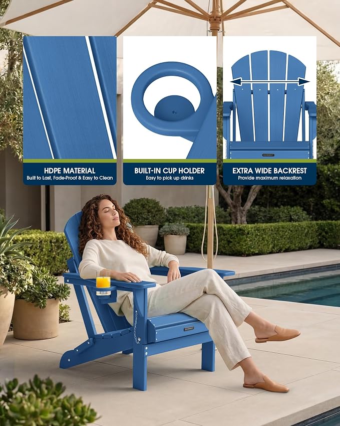 MUCHENGHY Folding Adirondack Chairs Set of 2 HDPE Weather Resistant, Patio Firepit Chairs, Sturdy Outside Chair, Lawn Chairs, 15min Assembly 380lb, Royal Blue - Image 8
