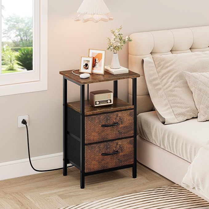 Vagusicc Nightstand Set of 2, Rustic Brown, with Charging Station and USB Ports, Bedside Table with 2 Fabric Drawers, 24.2" Tall Side Table with Storage Shelf,Small Night Stand for Bedroom/Living Room - Image 5