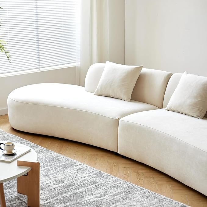 132" Curved Sofa with Throw Pillows, 6 Seater Luxury Velvet Couch with Half Moon Design and High-Density Foam, Ideal for Modern Living Room, Office & Apartment, Ivory