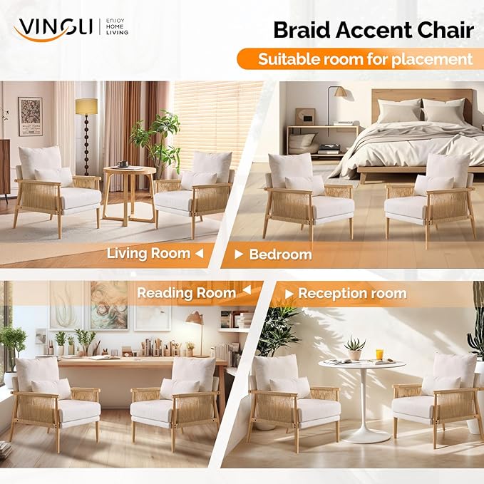 VINGLI Boho Braid Accent Armchairs Set of 2,Mid-Century Modern Chiars with Solid Wooden Armrest,Comfy Louge Cushion Chairs with Waist Pillow for Bedroom,Living Room,Reading Room, Beige