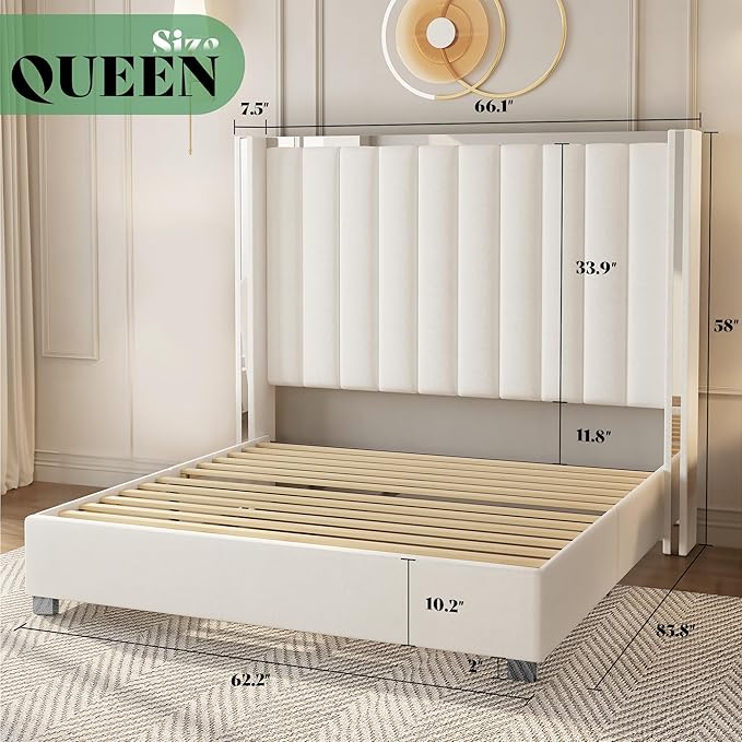 AMERLIFE 5-Piece Modern Bedroom Sets with Queen Size Upholstered Platform Bed Frame, 58" Wingback Headboard, Spacious 6-Drawer Dresser, Tall Chest, and 2 Coordinated Nightstands, Cream and Grey