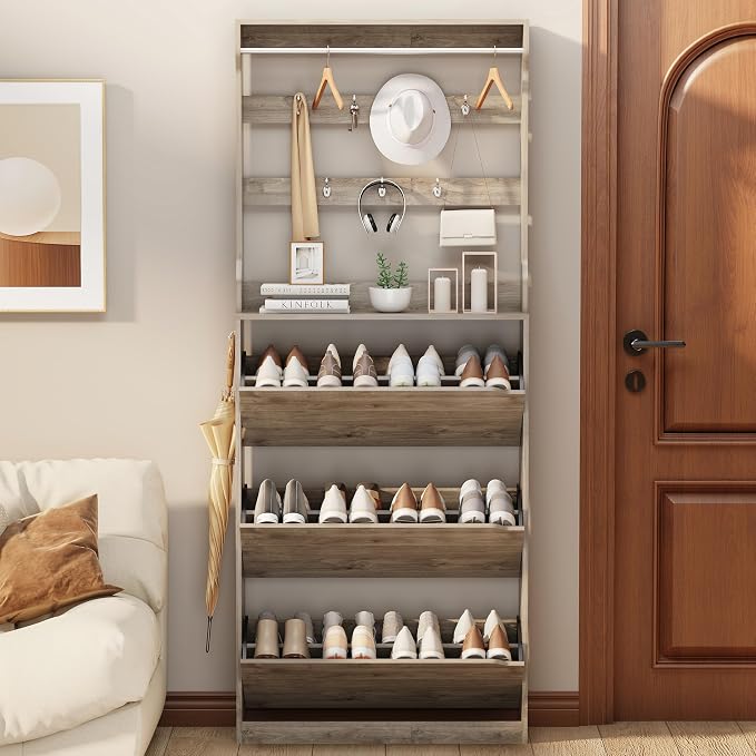 Shoe Cabinet for Entryway with 3 Flip Drawers, Grey Tall Wood Shoe Storage Cabinet with Coat Rack, Narrow Hidden Slim Freestanding Shoe Rack Organizer, 2 in 1 Hall Tree for Living Room, Hallway - Image 9