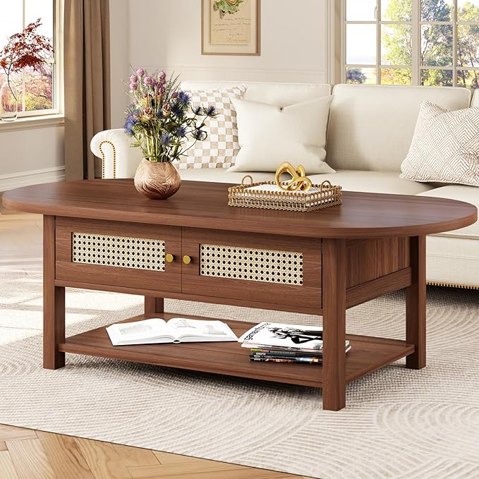 LVB Rattan Coffee Table, Boho Wood Living Room Table with Storage, Oval Modern 2-Tier Cocktail Tea Table with Doors & Open Shelf, Farmhouse Vintage Center Tables for Bedroom Office, Walnut, 47Inch