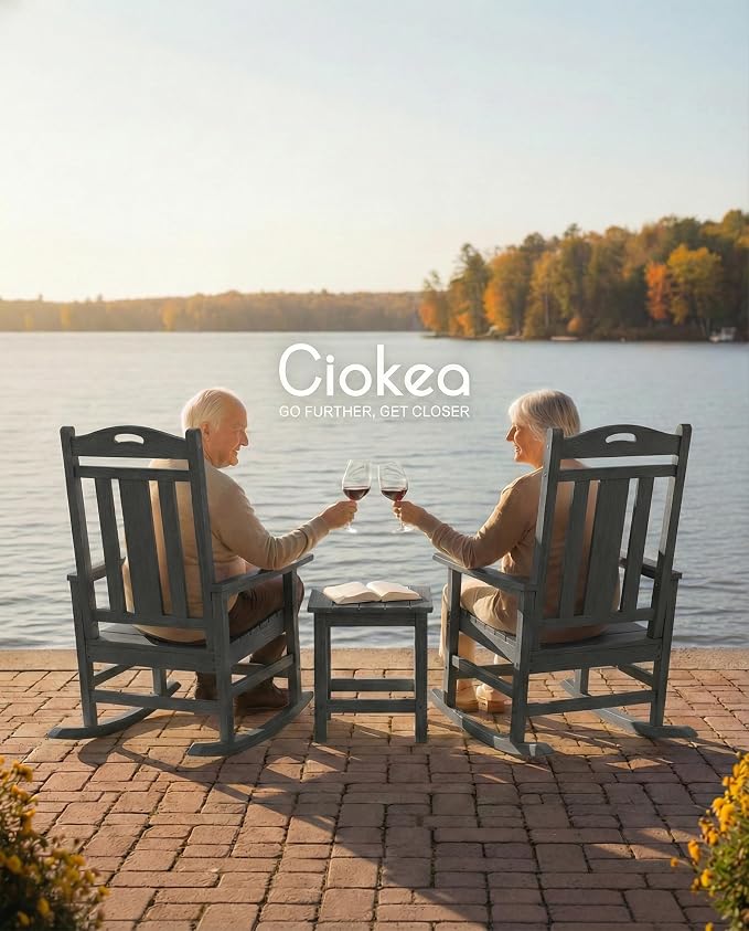 Ciokea Oversized Outdoor Rocking Chairs Set of 3, 380lbs Heavy-Duty Large Patio Rocker, High Back Cozy Porch Chairs, Weather Resistant Patio Rocking Chairs for Outside, Fire Pit, Deck, Dark Grey - Image 4