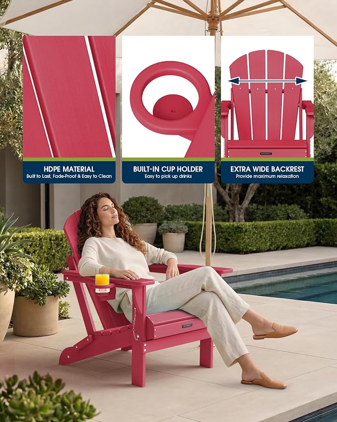 MUCHENGHY Folding Adirondack Chairs, Patio Chairs, Lawn Chairs, Outdoor Chairs, Adirondack Chair Plastic, Fire Pit Chairs, Weather Resistant with Cup Holder for Deck, Backyard, Garden(Red) - Image 8