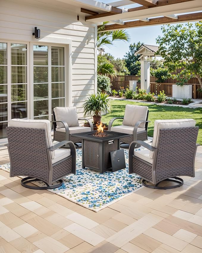 HUMMUH Outdoor Furniture with Fire Pit -Patio Table and Chairs Set of 4 Swivel Patio Chairs for Deck Porch Garden Poolside Backyard-Brown/Beige