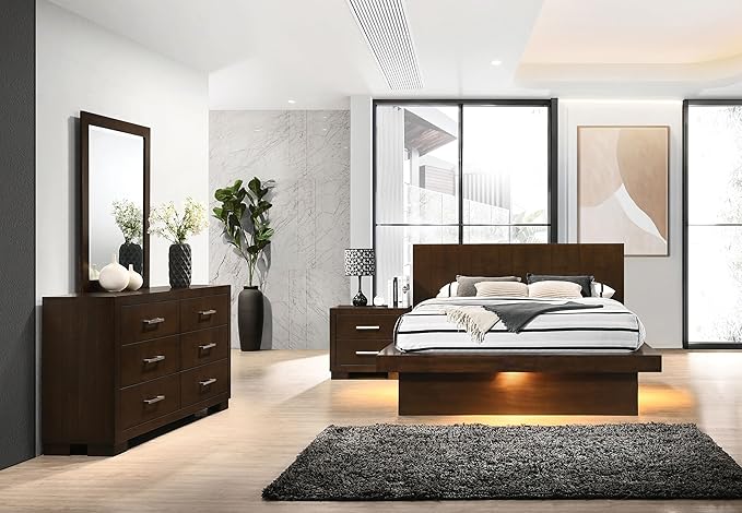 Coaster Home Furnishings Jessica Contemporary 4-Piece Bedroom Set Eastern King Size LED Panel Bed Frame 43-inch Headboard Cappuccino 200711KE-S4