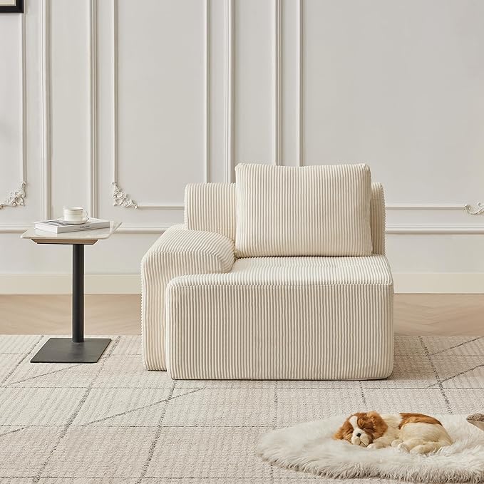 Modular Sectional Sofa with Movable Ottoman, 1 Seat Deep Seat Couch with 1 Pillow, Comfy Cloud Sectional Sofa for Living Room, Bedroom and Apartment (White, 1 Left)