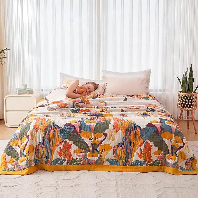 Boho Throw Blanket - 100% Cotton Soft Throw Blanket for Bed, 90"x90" Reversible Breathable Lightweight Spring Blankets, All Seasons Farmhouse Decor Floral Plant Butterfly Throw Quilt