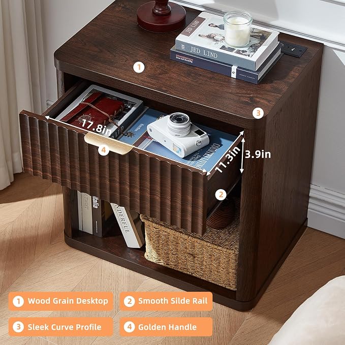 LEYAOYAO Fluted Nightstand with Charging Station, 23" Wide 1 Drawers Night Stand,Walnut End Table with Open Storage,Farmhouse Bed Side Tables, Wood Dresser for Bedroom, Living Room, Closet - Image 7