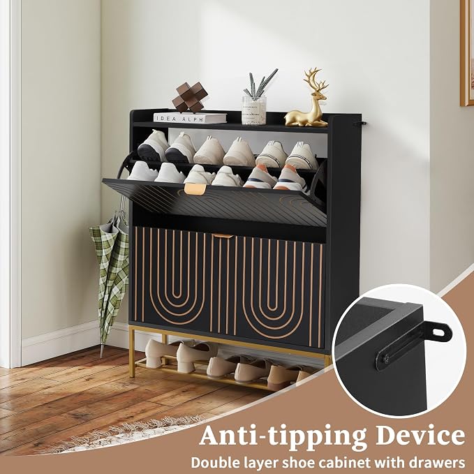 LEVNARY Narrow Shoe Storage Cabinet with 2 Flip Drawers, Wooden Freestanding Hidden Shoes Rack Organizer for Entryway, Mid-Century Modern Shoe Cabinet with Carving Lines for Hallway Foyer (1, Black) - Image 7