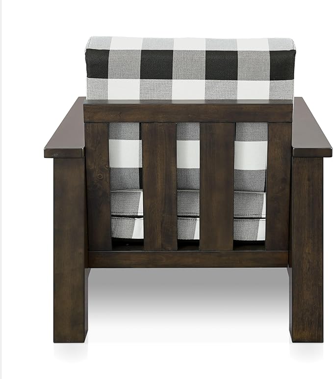 Furniture of America Gavik Modern Solid Wood Arm Chair with Plaid Removable Cushions, Black and White Upholstery Fabric, Comfortable Upholstered Seating for Living Room, Guest Room, Dark Walnut