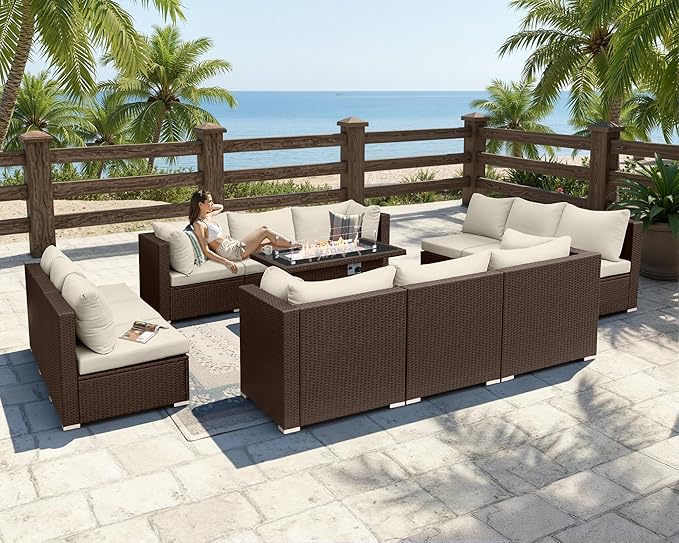 BULEXYARD 13 Piece High Back Wicker Patio Furniture Sets with Fire Pit, All-Weather Heavy Duty Outdoor Seating Set Modular, Extra Deep Wide 12-Person Sectional Couch Sofa for Backyard, Brown & Beige