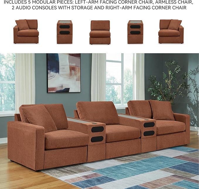 Signature Design by Ashley Modmax Contemporary Stain Resistant 5-Piece Sectional with Audio Consoles, Armrest, Throw Pillows, Reversible Cushions and USB Port, Orange
