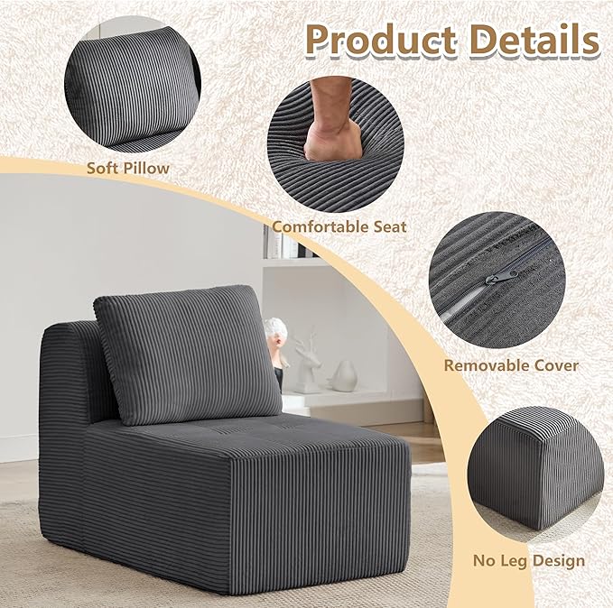 KIGOTY Modular Sectional Sofa Set, Comfy Cloud Sectional Couch with Deep Seat, Modern Boneless Couch for Living Room, No Assembly Required (Grey, 1 PCS-Middle Chair)