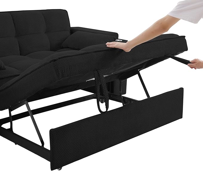 Eafurn 3 in 1 Convertible Sleeper Sofa Couch Bed,Padded Futon Loveseat Couch with Pull-Out Bed, 65" Oversized Recliner Loveseat Lounge Chaise w/Storage Armrest,USB, Side Table and Cupholders