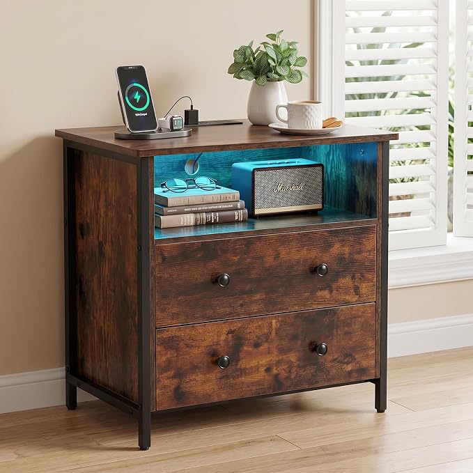 27 Inch Wide Night Stand, Large Wood Night Stand with 2 Drawers, LED Nightstand with Charging Station and Adjustable Drawer, Bedside Table for Living Room/Bedroom/Study/Office, Retro. by Tykacna