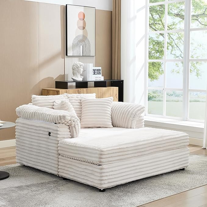 Oversized Chaise Lounge Chair 59 * 54 Inch Indoor Comfy Corduroy Cloud Sleeper Couch Upholstered Sofa Bed with USB Port Throw Pillows Supportive Armrests for Living Room