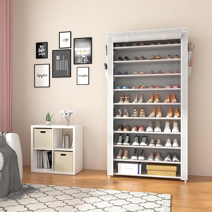 ROJASOP 10 Tier Shoe Rack with Covers Large Capacity Stackable Tall Shoe Shelf Storage for 50-55 Pairs Shoe and Boot, Sturdy Free Standing Shoe Rack Organizer for Closet, Entryway, Bedroom, Printing - Image 8
