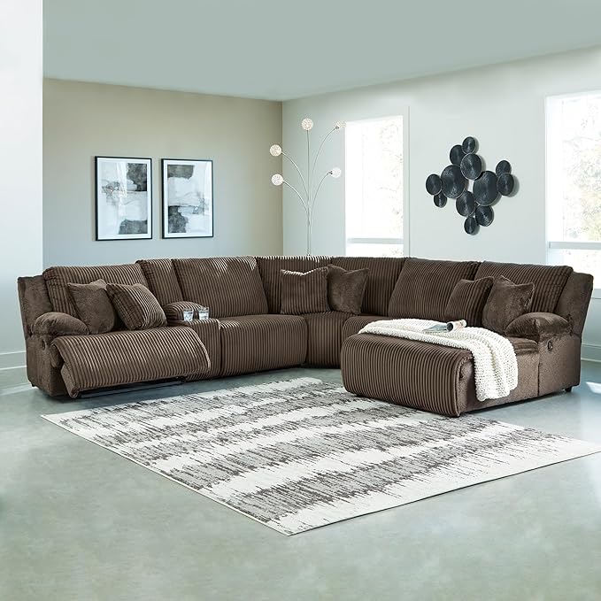 Signature Design by Ashley Top Tier Modern Left-Arm Facing 6-Piece Reclining Sectional with Chaise, Armrest, Throw Pillows and Storage, Dark Brown