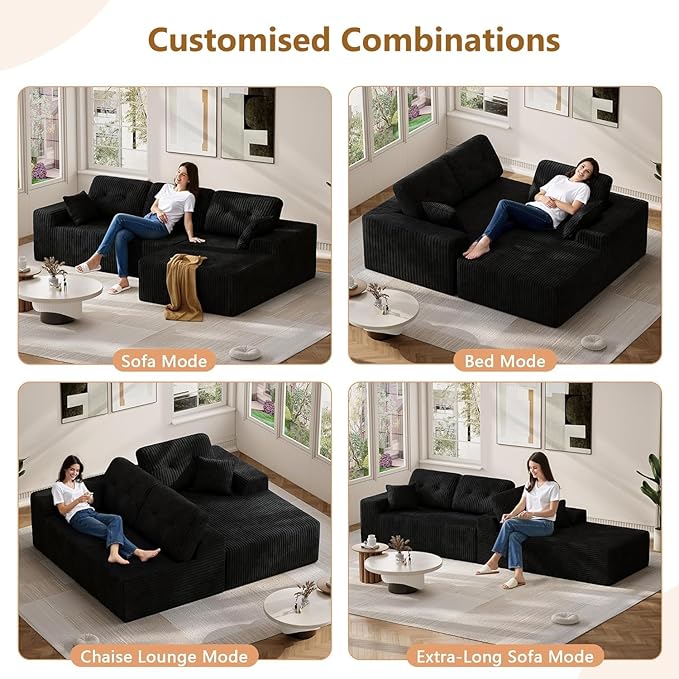 Ball & Cast 106'' Convertible Sectional Sofa for Living Room,Modern Modular L-Shaped Couch,Boneless Comfy Corduroy Fluffy Couch with Deep Seat,Hight Weight Capacity,Right Facing Chaise (Black)