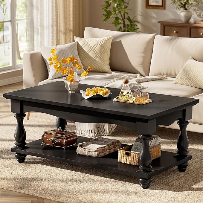 Farmhouse Coffee Table with Storage, Mid Century Coffee Tables for Living Room, 47 inch Modern 2-Tier Black Coffee Table with Solid Wood Legs, Vintage Living Room Tables