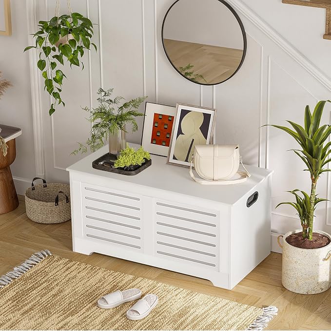 DINZI LVJ Storage Chest, 39.4”Wooden Toy Box with 2 Safety Hinges, Retro Entryway Shoe Storage Bench with Flip-Top, Sturdy Large Storage Trunk for Living Room, Bedroom, Easy Assembly, White - Image 9