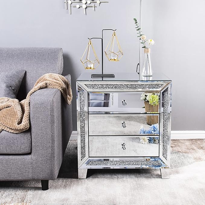 VINGLI Mirrored Nightstands Set of 2, 23" W Glass Mirror Night Stand Set of 2, Modern Bedside Table 3 Drawer Glass Side End Table Silver Dresser for Bedroom, 23”W x 13.8”D x 24.8”H - Image 2