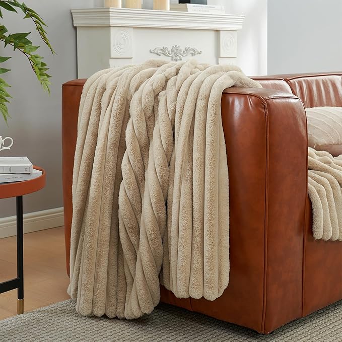 Amélie Home Faux Fur Throw Blanket for Couch, Cozy Fuzzy Fluffy Fur Luxurious Soft Striped Plush Gift Blankets for Family Sofa Chair, 60"x80", Beige