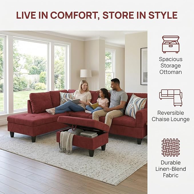 NicBex Modular L-Shaped Sectional Couches, 3-Piece Convertible Couch with Storage Ottoman, 4-Seat Comfy Sofa with Chaise for Living Room & Apartment, Red