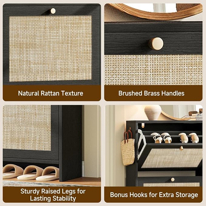 Nicetree Shoe Cabinet Storage for Entryway, 4-Flip Drawer Narrow Shoe Rack, Organic Modern Rattan Shoe Organizer with Gold Legs, Shoe Organizer Fits Men's Size 13.5, Black - Image 6
