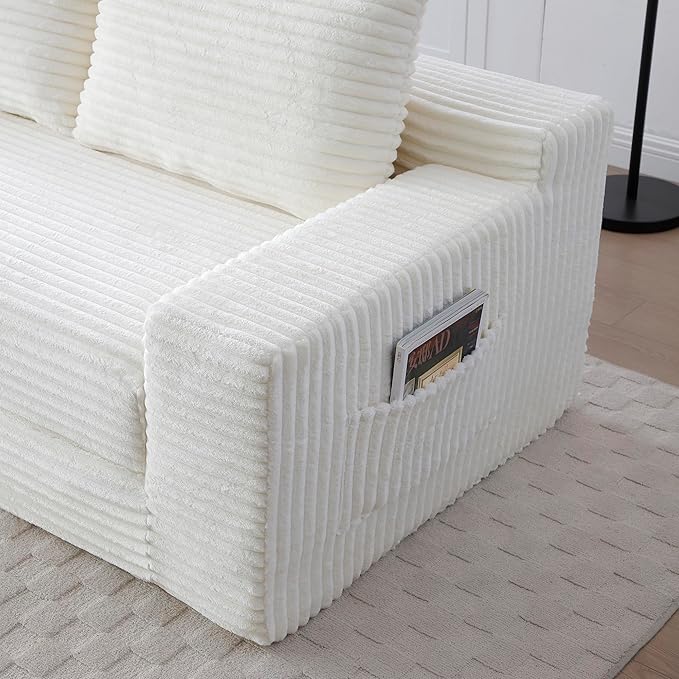 73" Convertible Sofa Bed, 2 in 1 Corduroy Folding Couch with Pillows, No Assembly Boneless Compression Sofa in Box, Loveseat with Side Storage Pocket for Apartment, Living Room, Beige