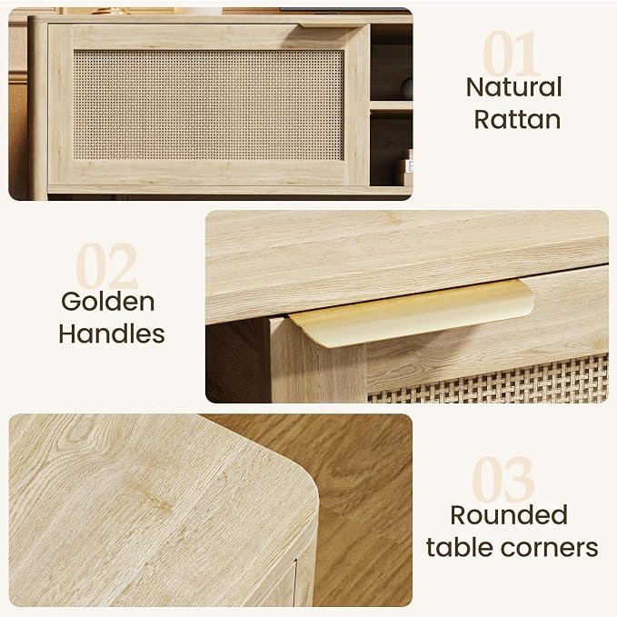 IKALIFE Rattan TV Stand for Living Room - Fits up to 80 Inch TVs, Rattan Media Console Table with Adjustable Shelves & 2 Storage Cabinets, Mid-Century Modern Entertainment Center, Oak 71" - Image 5
