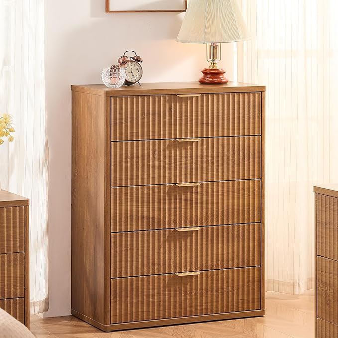 LEYAOYAO Fluted 5 Drawers Dresser for Bedroom, 41" Tall Modern Chest of Drawers with Metal Handle, Curved Profile Design,Brown Wood Drawer Organizer for Bedroom, Living Room, Hallway, Entryway - Image 4