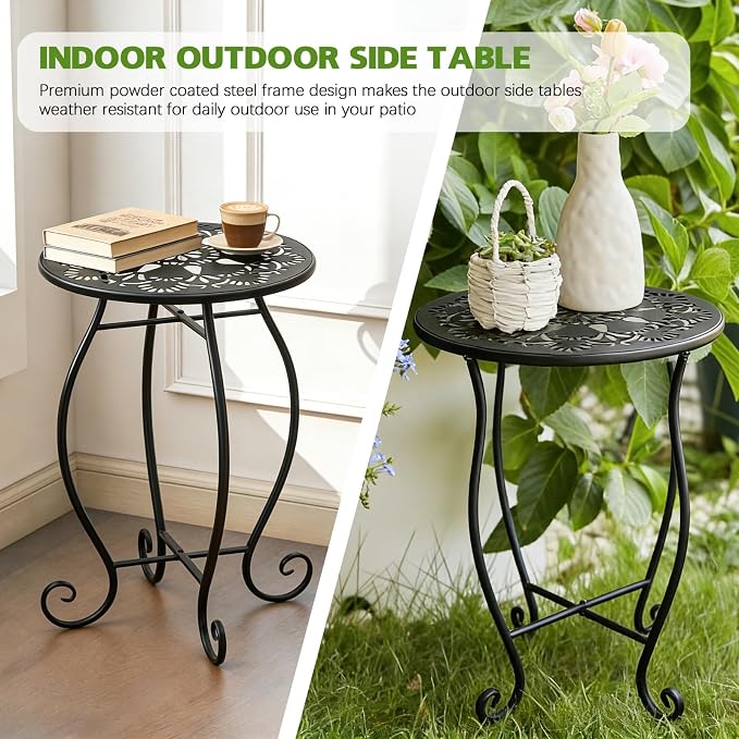 Arbuxzuy 17" Tall Round Metal Outdoor Side Tables for Patio, Decorative Black Flower Pot Stand, Rustproof Potted Holder, 120 lbs Load Capacity - Image 6