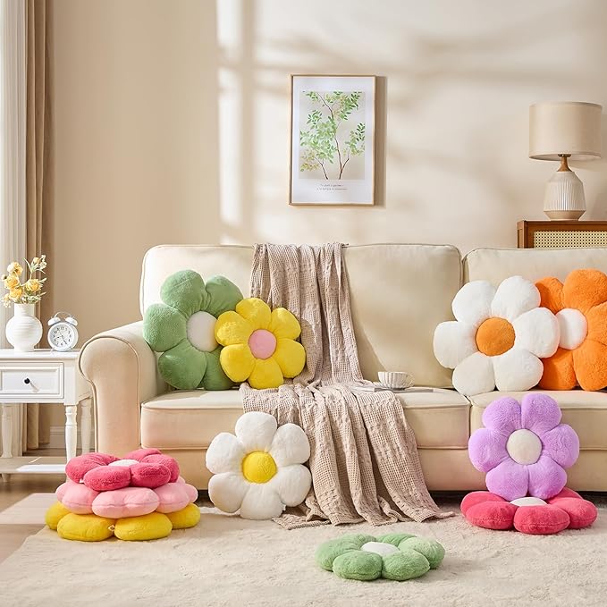 CANGHI Flower Pillow Green 15.7 inch Flower Shaped Throw Pillows Daisy Plush Pillow Floor Pillows Seat Cushion Cute Aesthetic Decorative Throw Pillows for Bed Home Sofa Chair Couch Decor