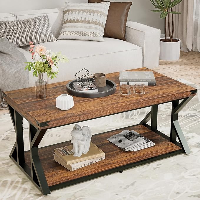 Modern Industrial Coffee Table for Living Room 43" Rectangle Accent Center Table with Storage Shelf & Metal Frame, Heavy Duty 2-Tier Cocktail Table Rustic Brown