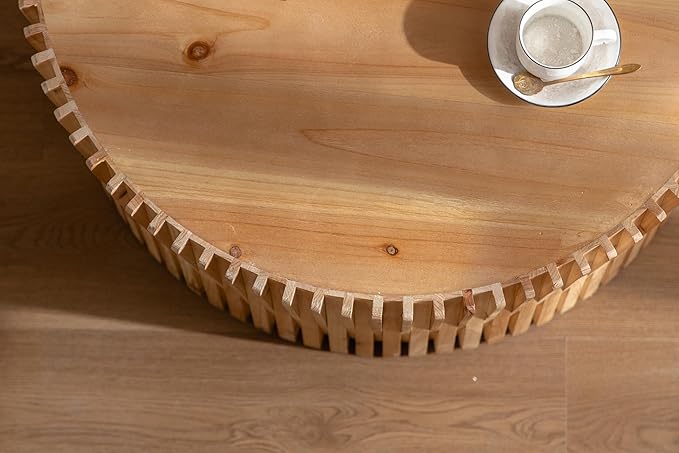 Round Wood Coffee Table, Drum Center Table with Fluted Pattern, 31.5 Inch Farmhouse Circle Coffee Table for Living Room, Office, Outdoor, Natural