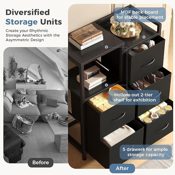 DUMOS TV Stands for Bedroom with 5 Drawers, 5-Drawer Chest of Drawers with Raised Shelf, Storage Tower with Fabric Bins for Closet Organization, Hallway Storage, Ink - Image 4
