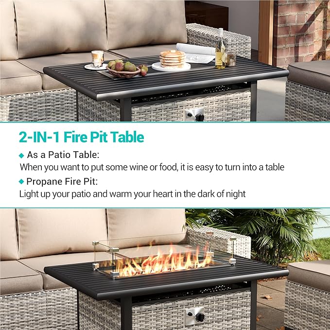 16-Piece Outdoor Patio Furniture Set with Rocking Swivel Chair, PE Wicker Rattan Sectional Sofa Patio Conversation Set with 55,000 BTU Fire Pit Table & Coffee Table, Beige