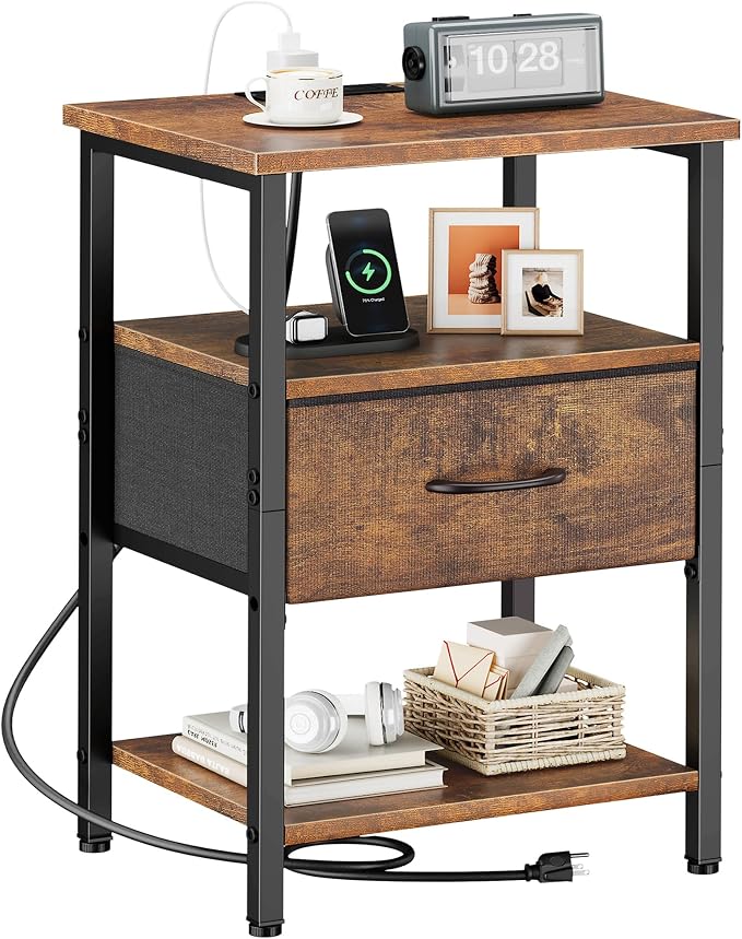 Vagusicc Nightstand with Charging Station, Bed Side Table with Adjustable Fabric Drawer, Night Stand for Bedroom, 3-Tier End Table with Storage Shelf for Living Room, Tall Bedside Table, Brown by Vagusicc